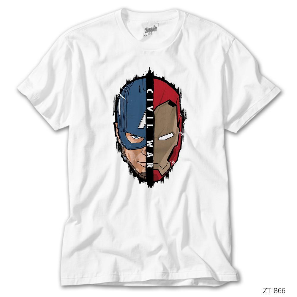 Civil War Iron Man Captain America Face Beyaz Tişört - Zepplingiyim